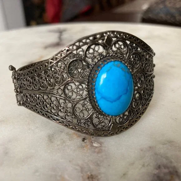 Turkish Turquoise filligree cuff bracelet - Picture 2 of 6